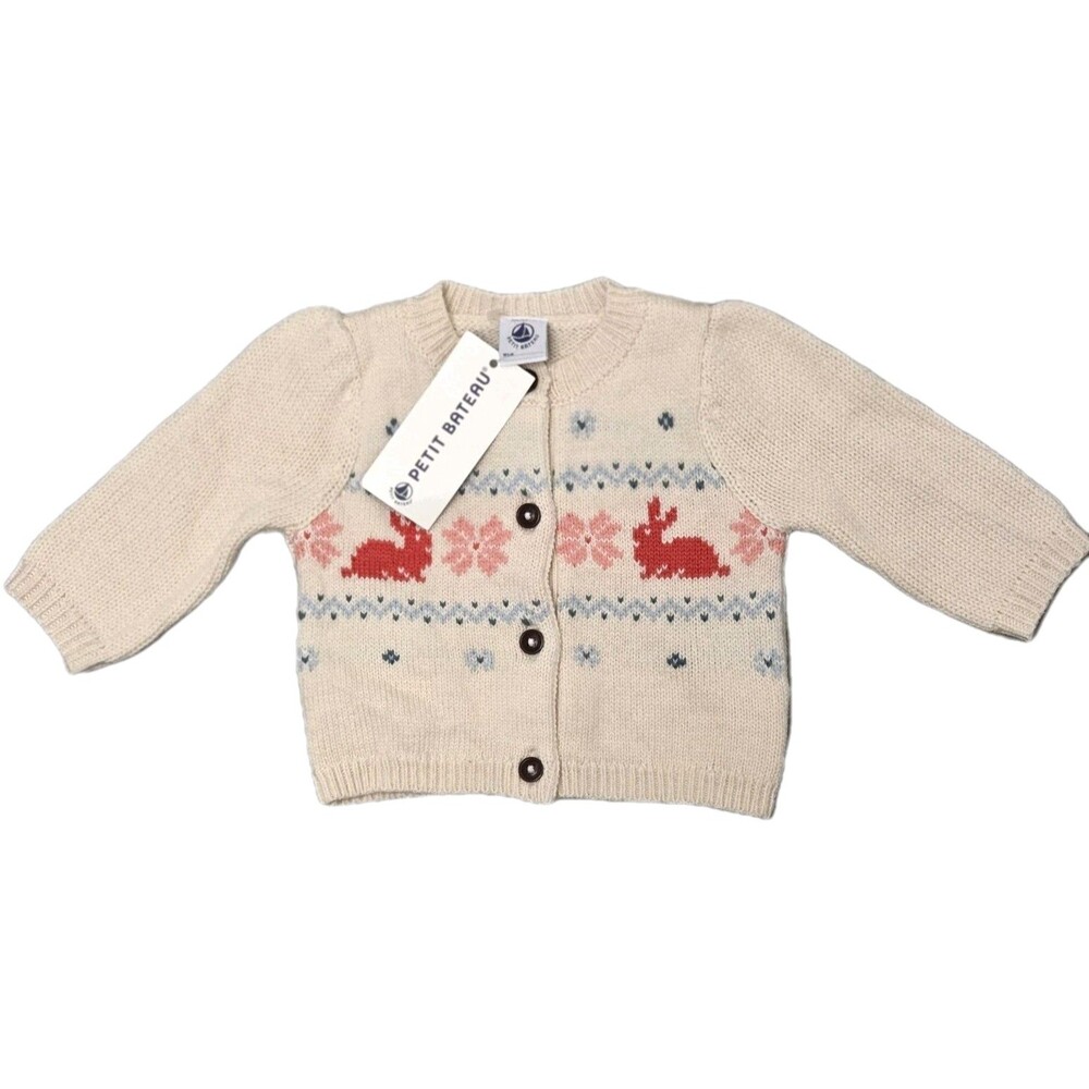NWT Petit Bateau Fair Isle Flower Bunny Cardigan Sweater 3-6 60 cm Cotton Wool